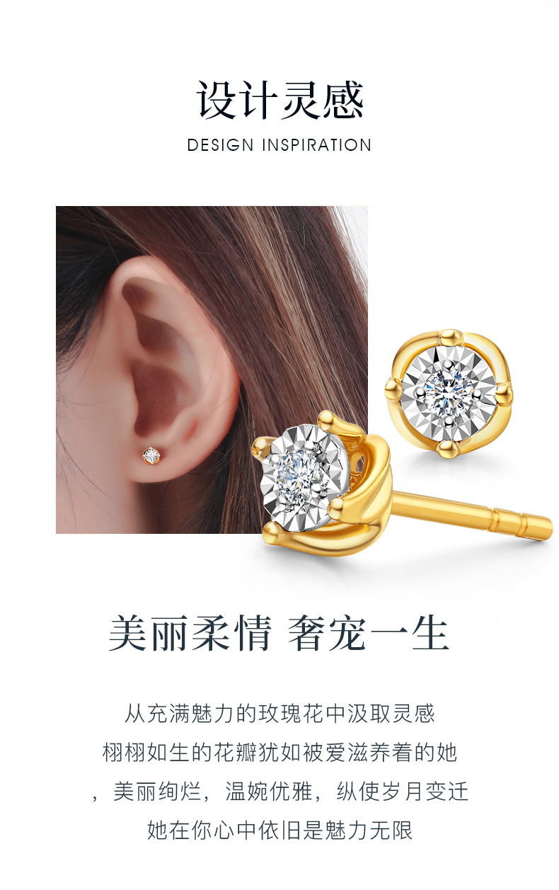 简爱/18K金钻石耳钉/K白/共约4分一对