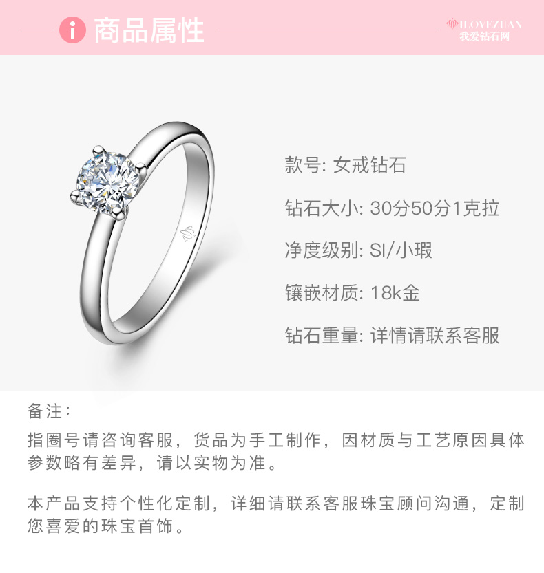 心缘/PT950钻戒1克拉/I-J/SI国检