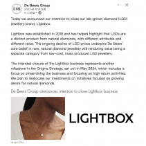 行业重磅！戴比尔斯计划关闭培育钻石品牌 Lightbox
